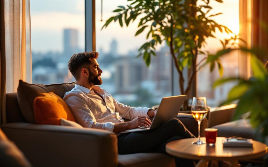 Un voyageur d'affaires détendu dans le salon d'un hôtel, assis confortablement avec un ordinateur portable sur la table et un verre de vin à ses côtés, décor moderne et lumière douce créant une ambiance chaleureuse.