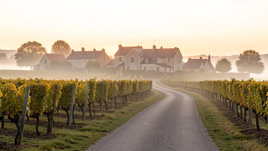 Vignobles champenois baignés par la lumière dorée du lever du soleil, avec une route paisible menant vers un village traditionnel.