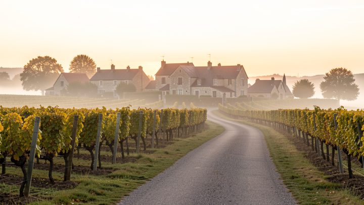 Vignobles champenois baignés par la lumière dorée du lever du soleil, avec une route paisible menant vers un village traditionnel.