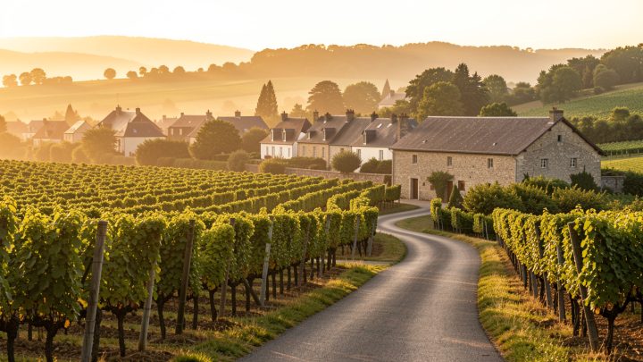 Route bordée de vignes champenoises menant vers un village viticole et une cave traditionnelle baignés par la lumière dorée du coucher du soleil.