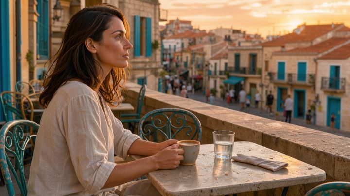 Une voyageuse seule est attablée à la terrasse d’un café de Palma au coucher du soleil, avec des ruelles méditerranéennes animées en arrière-plan.
