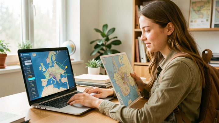 Une jeune voyageuse prépare un itinéraire européen sur un ordinateur portable, avec une carte de l'Europe et une interface abstraite de planification de vols dans un bureau lumineux.